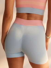 Aralina Leisurewear Active 女款 2 件組馬卡龍色條紋運動套裝 透氣彈性面料 高腰短褲 貼身賽車背短版上衣 適合工作室有氧運動 舒適健身運動表現套裝 上衣與緊身褲 - 彩色 - 查看 5