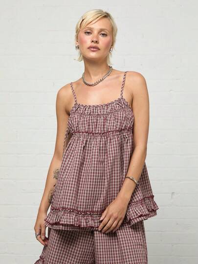 COUREZ Tie Side Cami Top With Frill Longline Check Short Co-Ord Set / Y2K Summer Clothes For Women Summer Outfits For Women 2 Pieces Sets Festival Outfits Concert Outfits Spring Outfits For Women