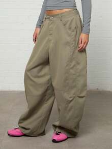 COUREZ Baggy Balloon Trousers With Seaming Detail /Y2K Wide Leg Pant Woman Fall Outfit For Women Fall Clothes Pants For Women Wide Leg Pants Woman - Army Green - View 2