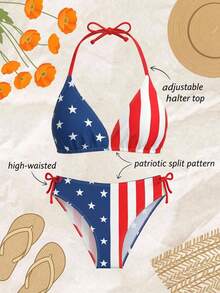 SHEIN Tween Girl Independence Day Casual And Comfortable National Flag Print Swimwear Set For Girls, With Bow Embellishment, Vacation Style, Suitable For Holidays - Multicolor - View 7