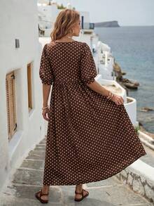 EMERY ROSE Women's Round Neck Mid-Sleeve Brown And White Polka Dot Long Dress Vacation Summer Boho - Multicolor - View 2