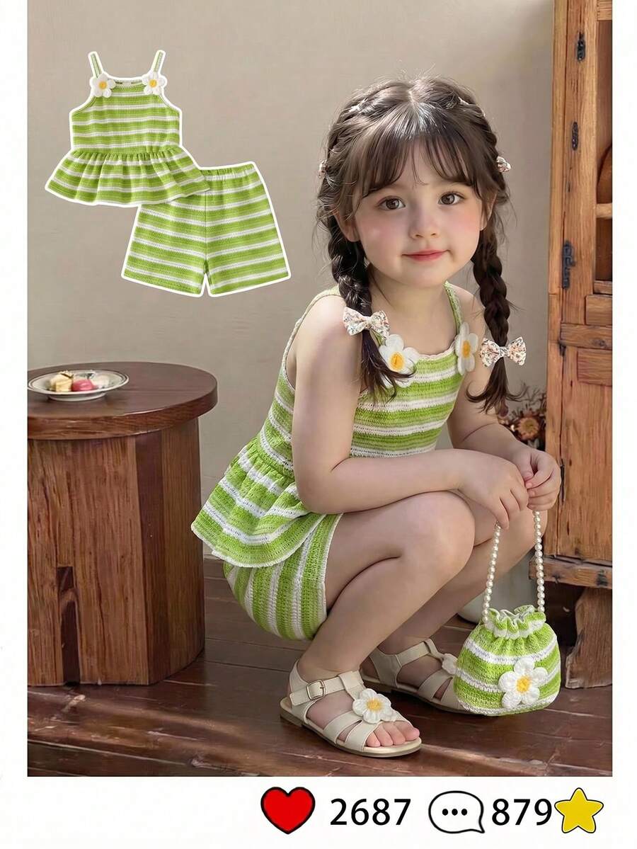 SHEIN Playful Pals 女童两件套:钩针编织橙白条纹背带裙上衣,饰有3D雏菊图案,搭配短裤和斜挎包,可爱风格,适合日常休闲和度假穿着,夏季必备 - 綠色 - 查看 1
