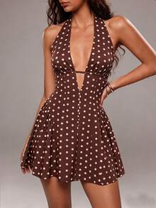 TRNVIE Women's Polka Dot Print Deep V-Neck Sexy Halter Dress - Coffee Brown - View 5