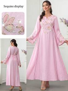 Al Najma Vestido de estilo árabe con bajo acampanado bordado y con cuentas de colores, cuello redondo y mangas de campana - Rosa - Ver 8
