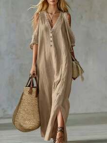 Linhara CURVE Plus Size Woven Elegant Summer Women's Dress For Vacation - Khaki - View 1