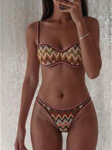 Swim Vcay New Spring Summer Multi-Color Knit Asymmetric Vintage Sexy Tropical Striped Bandeau Adjustable Beach Vacation Women's Swimwear Set Brown - Multicolor - View 3