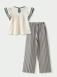 SHEIN Casuvi Kids 2件組女童春夏季新款休閒通勤套裝，波浪條紋編織蝴蝶結裝飾圓領荷葉袖寬鬆杏色上衣搭配簡約百搭黑色編織直筒長褲，日常出遊穿搭 - 彩色 - 查看 2