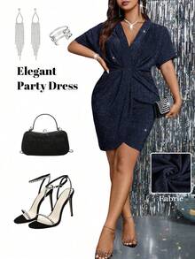 SHEIN PETITE CURVE 小码加大码女士优雅V领褶皱修身派对连衣裙 - 藏蓝色 - 查看 1