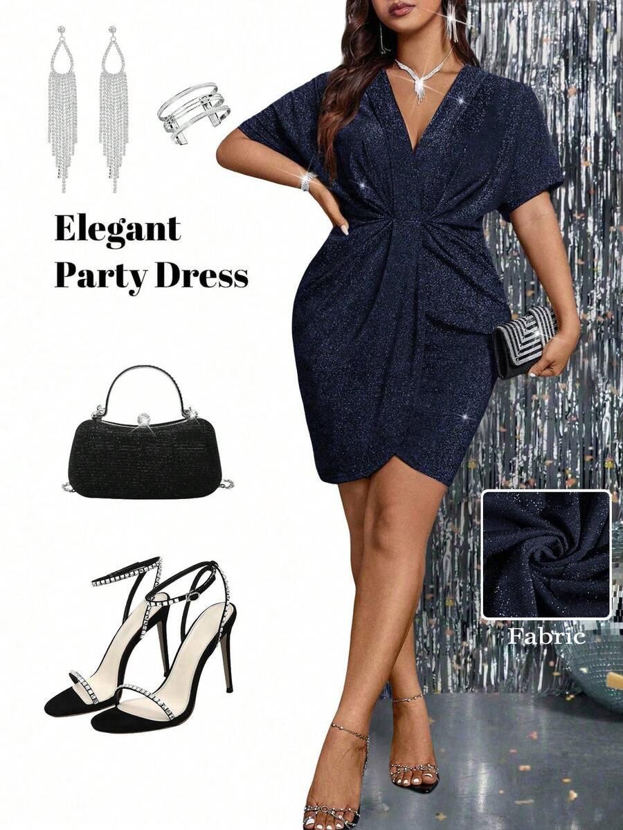 SHEIN PETITE CURVE 小码加大码女士优雅V领褶皱修身派对连衣裙 - 藏蓝色 - 查看 1