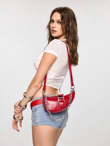 ROMWE Grunge Punk Simple Fashion Solid Color Stony Texture Embossed Underarm Bag, Suitable For Shopping, Wallet, Young Women, College Students, Newlyweds, White Collar. Ideal For Office, University, Work, Business, Commuting, Outdoor Activities, Travel And Picnics - Red - View 7