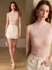 MOTF PREMIUM SLEEVELESS TEXTURED TURTLENECK FITTED KNIT VEST - Pink - View 7