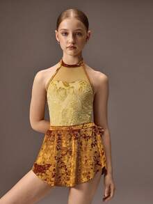 SHEIN Tween Girls Brown And Gold Velvet Mesh Snug Fit Jumpsuit Two Pieces Set,Autumn Tween Girl Dancewear For Ballet Gymnastics Sports Dance Dress Sportswear - Yellow - View 5