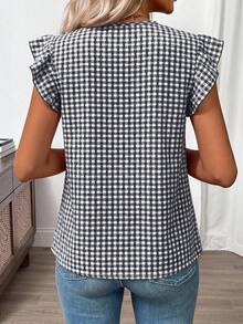 SHEIN Clasi Women's Plaid Button V-Neck Ruffle Cuff Blouse - Black and White - View 3