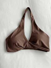DAZY Solid Color Halter Neck Twist Front Slight Push-Up Women's Sports Bra - Brown - View 9