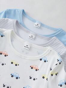 6pcs/Set Boys' Fashion Simple Comfortable Cute Casual Daily Soft Skin-Friendly High Elastic Knit Fabric Solid Color Striped Multi-Color Car Cartoon Print Pattern Round Neck Short Sleeve Top And Long Pants Tight Fit Loungewear - Multicolor - View 6