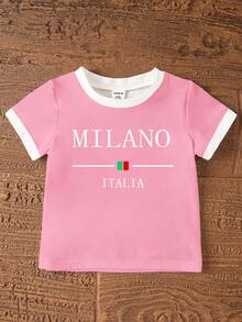 2件/套可愛休閒經典配色拼接字母MILANO, ITALIA印花圓領T恤與修身配色短褲套裝，適合夏季、學校、外出、戶外可愛夏季女嬰服裝，韓系風格 - 彩色 - 查看 3