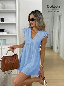 Easowa V-Neck Ruffle Lace Backless High Waist Babydoll Dress Casual Boho Elegant Commute Vacation Old Money Spring Summer Women's Mini Light Blue - Baby Blue - View 1