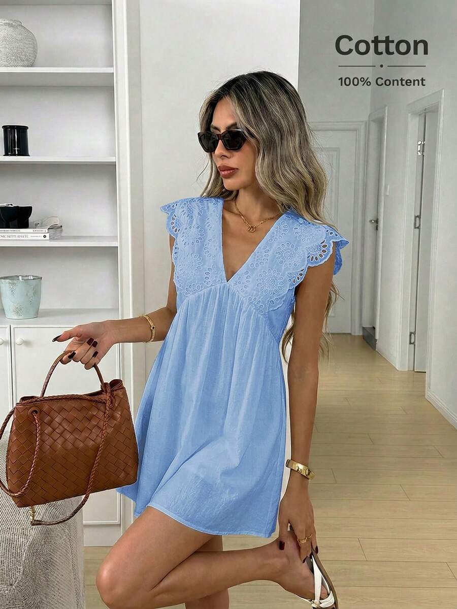Easowa V-Neck Ruffle Lace Backless High Waist Babydoll Dress Casual Boho Elegant Commute Vacation Old Money Spring Summer Women's Mini Light Blue - Baby Blue - View 1