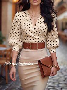 EMERY ROSE New Polka Dot V-Neck Criss-Cross Petal Sleeve Fitted Short Women Blouse, Spring/Summer - Multicolor - View 1