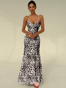 Aloruh Spring/Summer Vacation Spaghetti Strap Lace-Up Fitted Tropical Print Women's Dress Vacation White And Black - Black and White - View 7