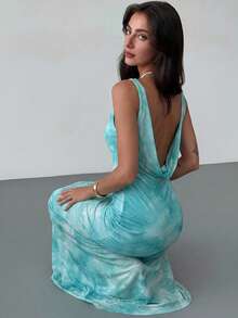 Aloruh Spring/Summer Vacation Floral Print Long Dress Backless Dress Elegant Party - Dusty Blue - View 3