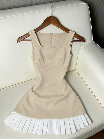 Franclia Vestido elegante de mujer con cuello redondo, parches, pliegues y cintura ceñida, versátil y elegante