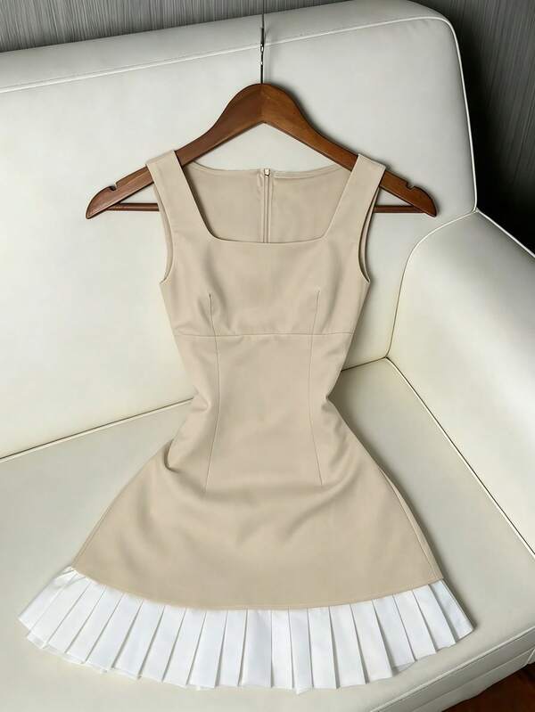 Franclia Vestido elegante de mujer con cuello redondo, parches, pliegues y cintura ceñida, versátil y elegante