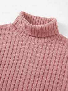 SHEIN Tween女孩粉色針織羅紋高領鬆腰抽褶修身秋季洋裝，休閒街頭優雅復古百搭長袖迷你裙 - 粉色 - 查看 2