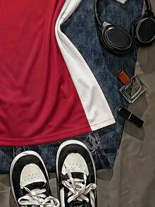 SHEIN EZwear 女款寬鬆V領英格蘭足球隊球衣，黃色配對比領口與袖口條紋，2026年世界盃運動時尚比賽日足球街頭風 - 彩色 - 查看 4