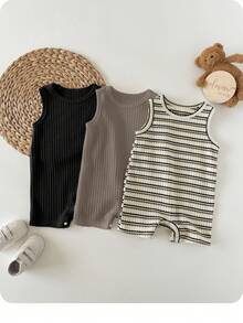Baby Boys Casual Striped Rib Knit Sleeveless Romper For Summer For Everyday Wear - Multicolor - View 4