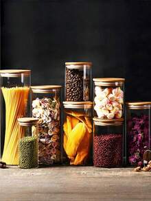 All-In-One Sealed Wooden Food Storage Tank With Lid, Food Container For Storing Pasta, Nuts And Flour, Kitchen Glass Jar, Storage Room Sorting And Storage, Glass Jar Width 6.5 - View 2