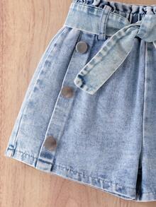 SHEIN Elladie kids 2 件套少女活泼可爱不对称上衣 + 牛仔短裤休闲儿童套装 - 白色 - 查看 4
