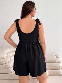 Solflare Plus Size Women's Solid Color Shoulder Knot Sleeveless Romper - Black - View 2