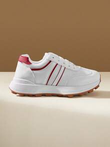 CUCCOO EASI Women's Thick-Soled Round Toe Lace-Up Casual Shoes Shoes Back To School - Red and White - View 2