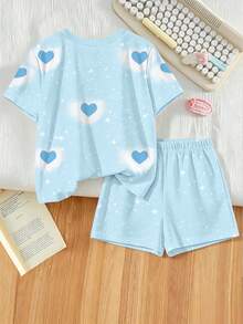 SHEIN Conjunto de 2 piezas de camiseta de manga corta casual y cómoda con estampado de corazón para niñas jóvenes, moda creativa para verano & otoño, uso diario - Multicolor - Ver 2