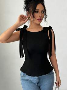 Selianne Top sin mangas con nudo en el hombro de unicolor para mujer - Negro - Ver 4