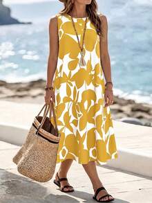 SHEIN LUNE CURVE Plus Size Round Neck Sleeveless All-Over Print Loose Casual Summer Dress - Yellow - View 8