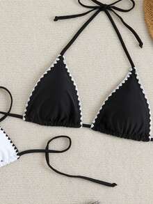 Swim Vcay Teacher Women's Black And White Tooth-Edge Swimsuit Top 2-Piece Patchwork - Black and White - View 4