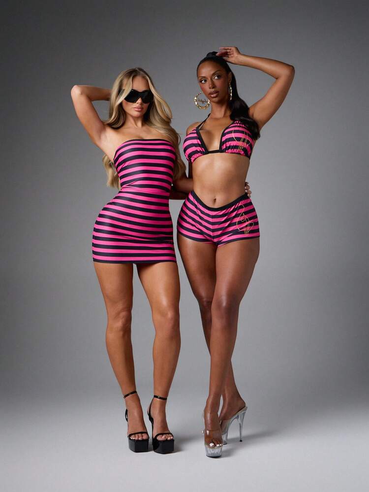 BABYPHAT Calcinha de Maiô Bikini Plus Size com Logotipo em Escrita Dourada, Listra Horizontal Rosa e Preta, Corte Atrevido, Cintura Média, Roupa de Banho de Verão para Praia