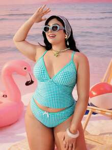 Swim Mod 大尺碼女款兩件式隨機幾何方格印花時尚度假日常簡約休閒收腹顯瘦保守蝴蝶結可調節粗肩帶高腰高衩三角比基尼套裝 2026新款背心式泳衣 - 淺藍色 - 查看 3