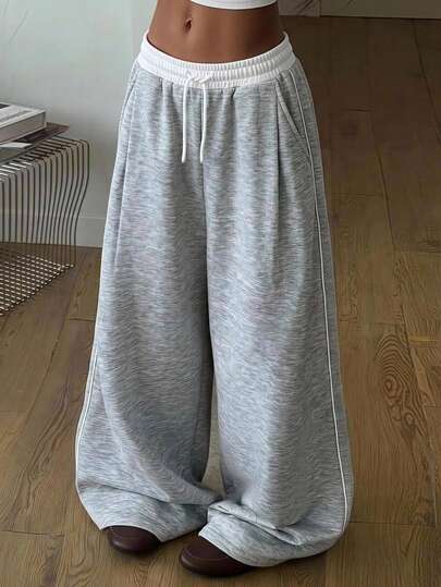 Girlism Tween Girls Sweatpants, Spring Summer Autumn Winter, Suitable For All Seasons, New Knit Casual Colorblock White Drawstring Light Color Print Loose Sweatpants, Back-To-School Outfit, Basic, Versatile For Daily Wear