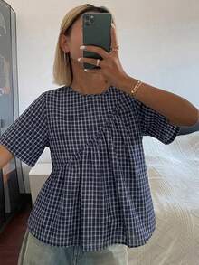 DAZY 女款素色寬鬆短袖圓領百褶休閒度假夏季襯衫上衣 - 藍色 - 查看 7