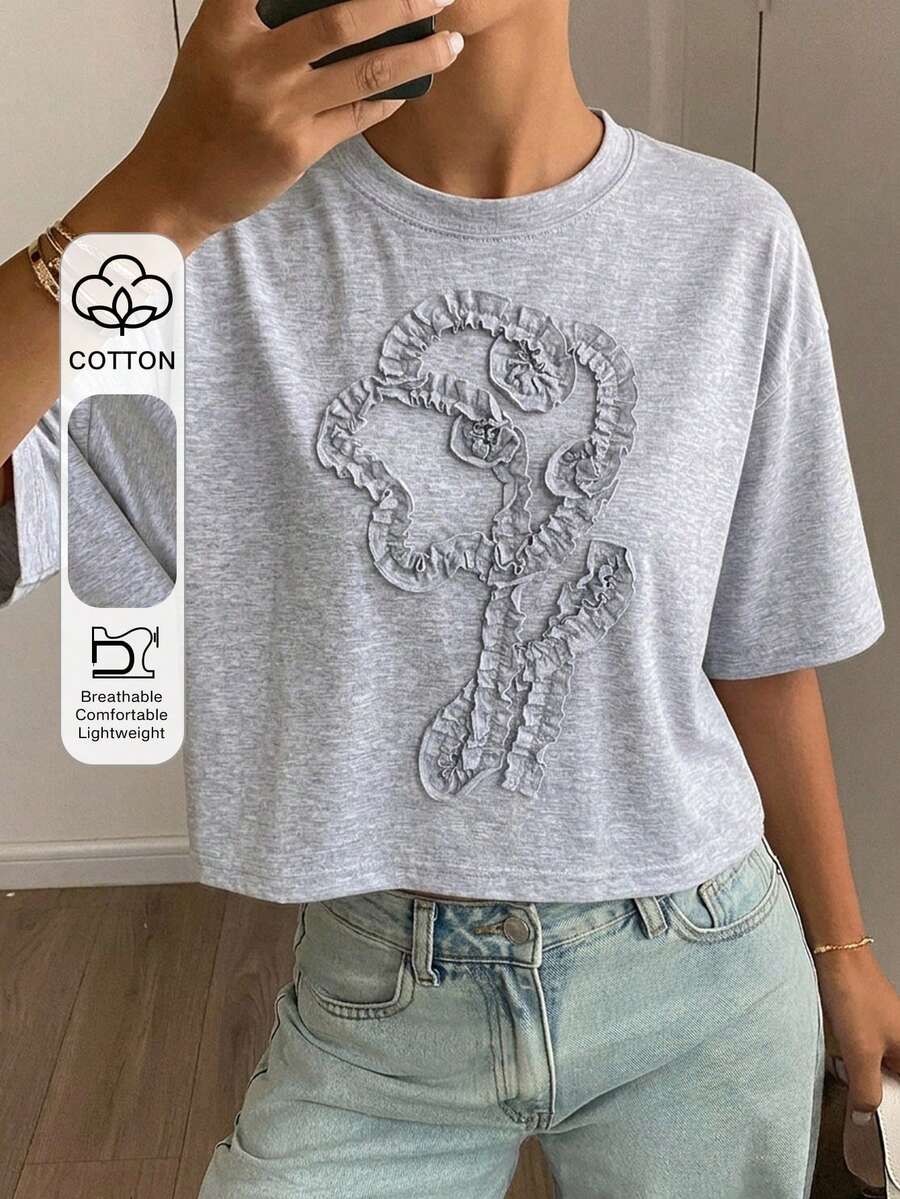 DAZY 女款休閒百褶花卉短袖短版圓領T恤,夏季圖案印花上衣 - 灰色 - 查看 1