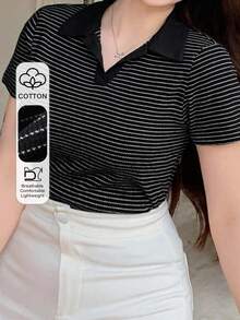 Dazy Plus Camiseta ajustada de manga corta con cuello redondo y bloques de color a rayas, primavera/verano - Negro - Ver 1
