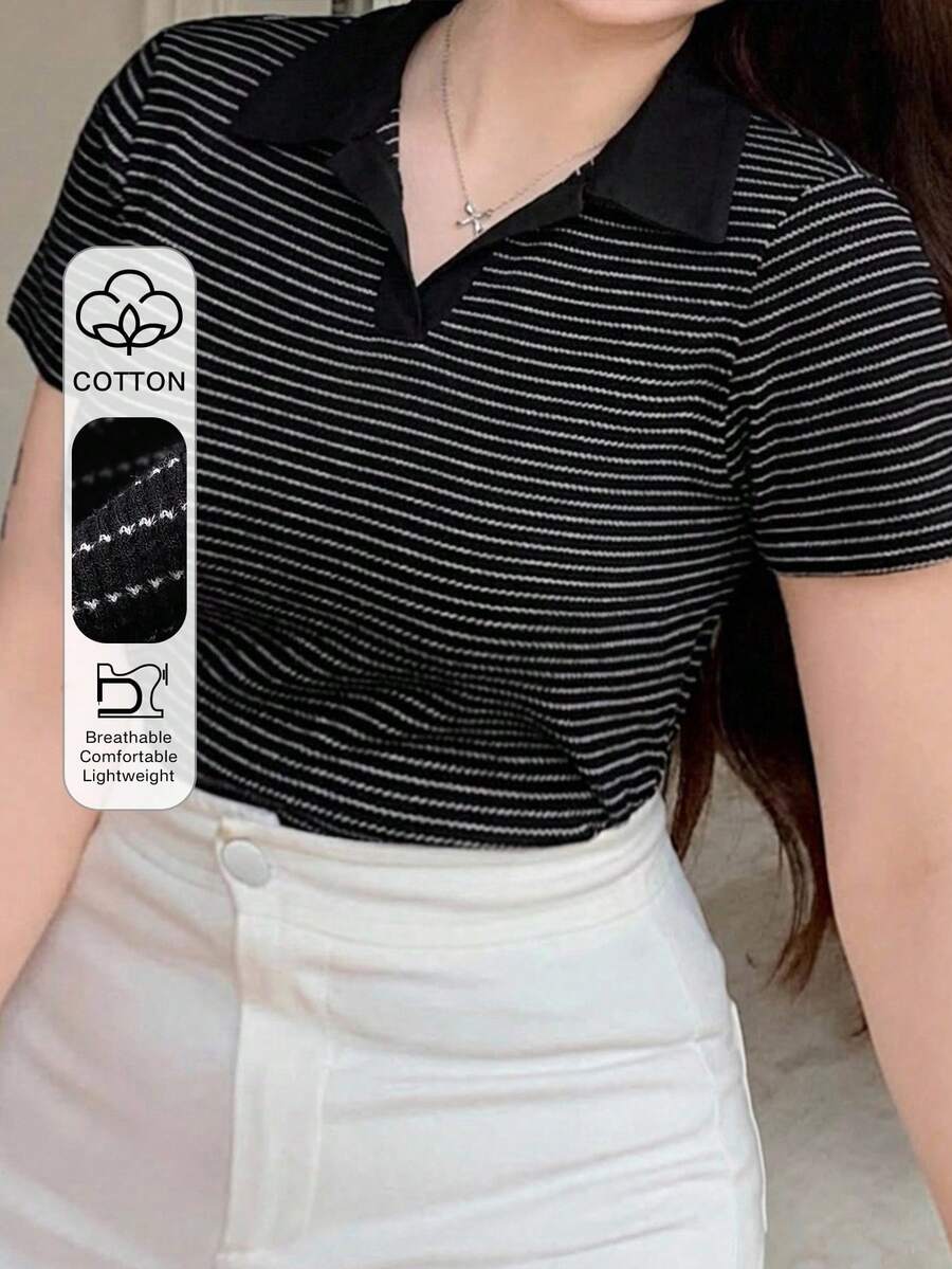 Dazy Plus Camiseta ajustada de manga corta con cuello redondo y bloques de color a rayas, primavera/verano - Negro - Ver 1