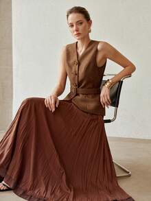 MOTF PREMIUM WOMEN'S 2026 ELEGANT MINIMALIST SOLID COLOR ELASTIC WAIST PLEATED SKIRT - Coffee Brown - View 7