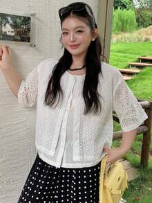 Dazy Plus Plus Size Women's White 2 In 1 Hollow Out Short Sleeve Blouse, Summer New Design Unique & Special High-End Style Top Shirt Cute Tops - White - View 6