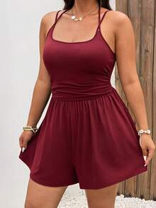 Sunnyshic Casual Elegant Lace-Up Strap Versatile Minimalist French Style Sleeveless Shorts Skirt Jumpsuit Summer Black Plus Size Women's Romper - Burgundy - View 5