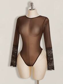 SHEIN ICON 女款蕾絲拼接性感百搭日常外出連身衣 - 棕色 - 查看 3