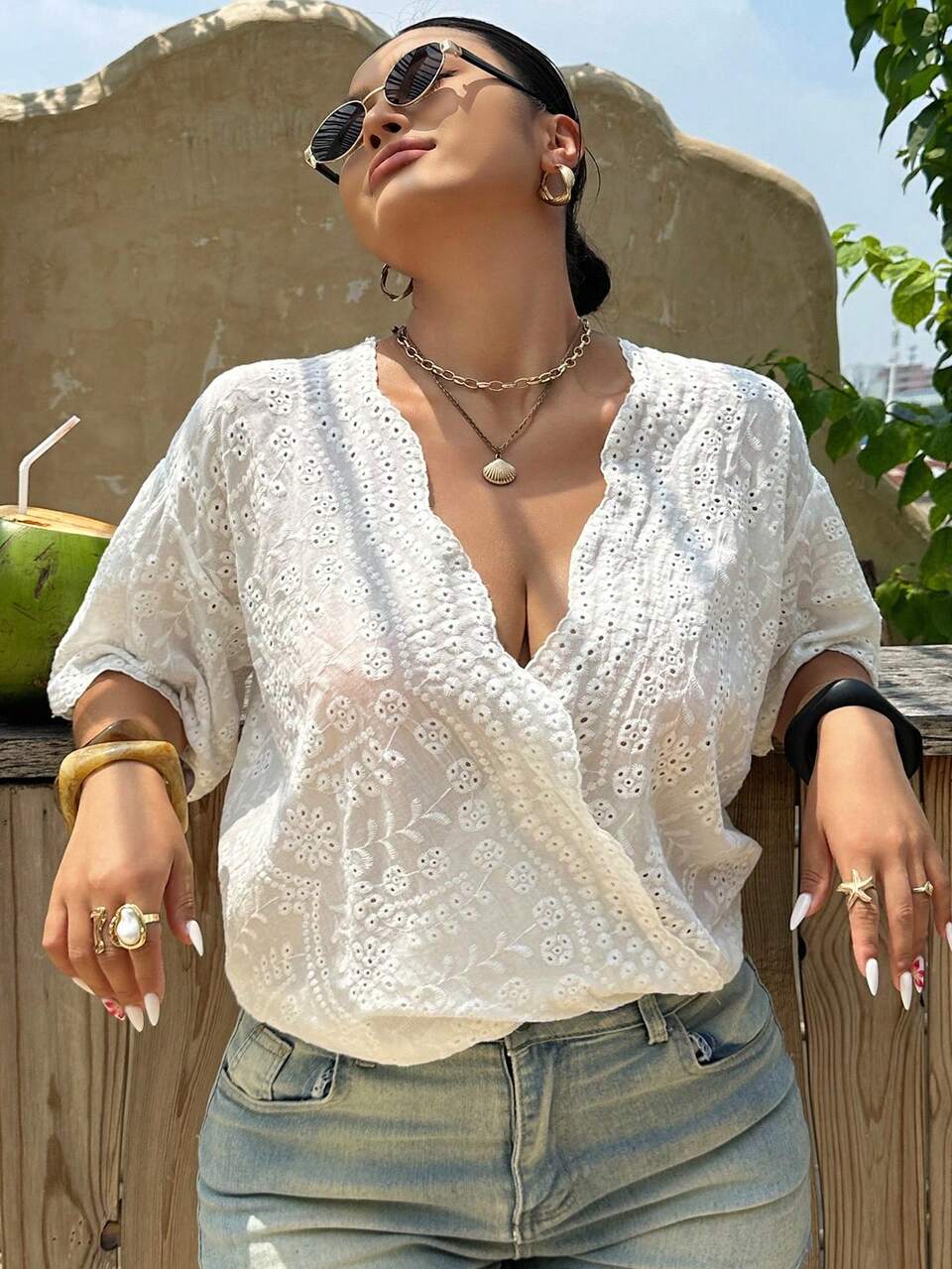 Dazy Plus V-Neck Elegant Lace Blouse, Oblique Placket Short Sleeve, Plus Size Women White Shirt, Spring/Summer